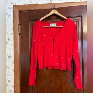 Red Ribbed Sparkle Cardigan Sweater